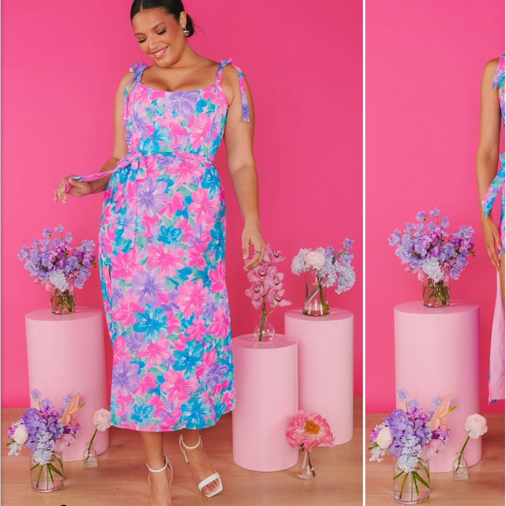 Show Me Your MuMu Vibrant Pink and Blue Floral Midi Dress